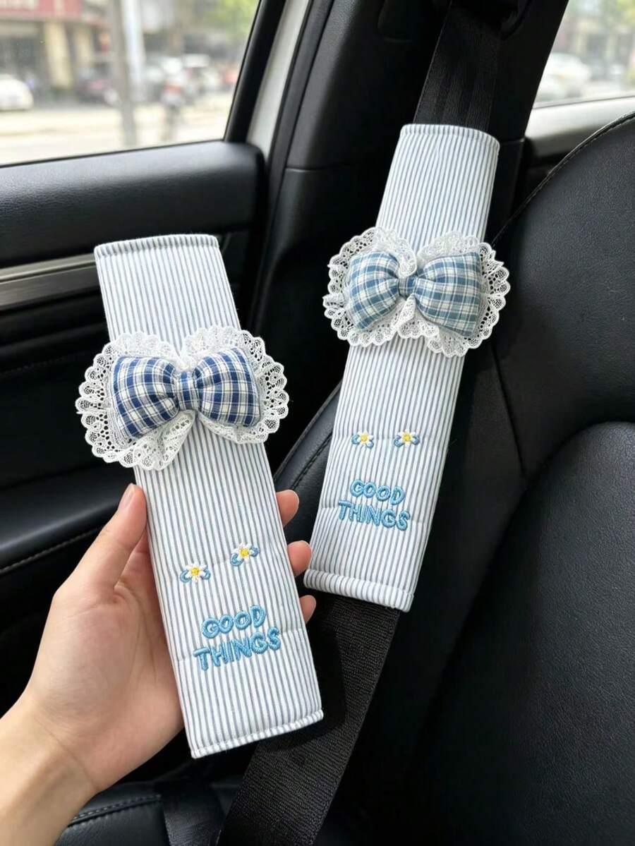 Fresh Striped Lace Bow Car Seat Belt Shoulder Cover, Cute Daisy ...