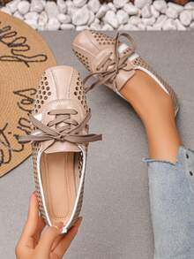 Xfxf Women's Green Hollow Breathable Shoes, Fashion Patchwork Lace-Up Flat Shoes, Suitable For Commuting/Shopping/Daily Casual Wear - Dusty Pink - View 2