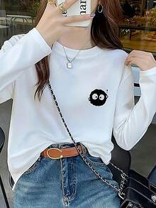 Japanese Style Cute Black Coal Ball Pattern Print White Round Neck Long Sleeve Slim Fit Base Layer Top For Women, Versatile Daily Autumn Wear - White - View 8