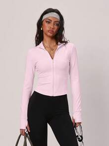 PinkTip Solid Color Stand Collar Zip-Up Jacket, Shaping And Tummy Control, Sporty Casual Street Style, Suitable For Yoga, Fitness And Daily Wear - Baby Pink - View 4