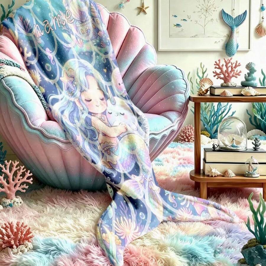 美人魚尾可穿戴法蘭絨毯,海洋珊瑚印花披毯,居家沙發休閒保暖蓋毯 - 彩色 - 查看 1