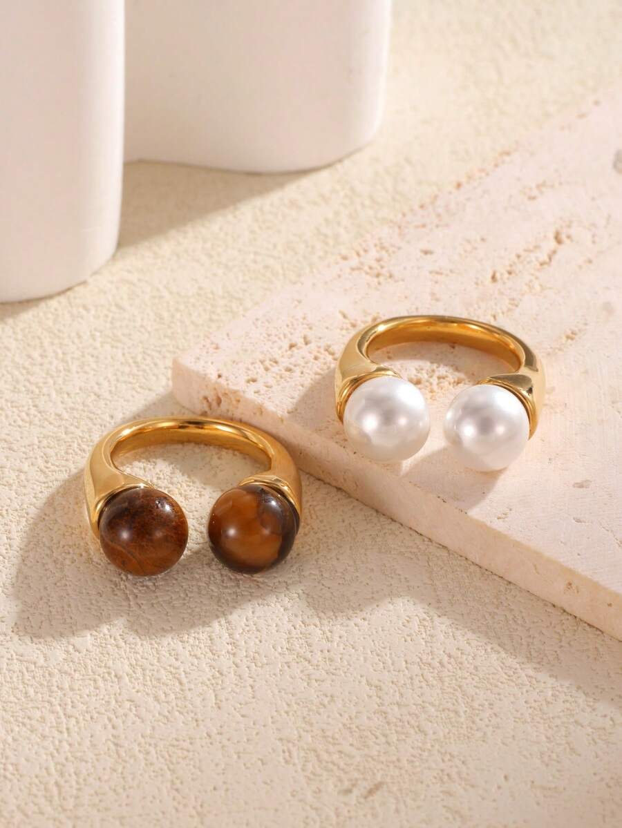 1pc Luxury Double Pearl U-Shaped Open Ring For Women, Gold Stainless Steel Faux Pearl Tiger Eye Stone Finger Ring - Multicolor - View 1