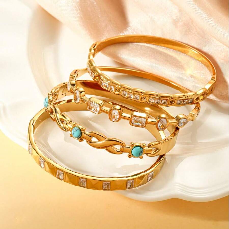 1pc Premium Luxury 7-Diamond Stainless Steel Bracelet For Women, Fashion Commuter Versatile Non-Fading Snap Closure Bangle - 7-stone Square Diamond - View 1