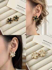 4 Pairs Stylish Stainless Steel Earrings Set For Ladies, Heart & Floral Studs, Holiday Gift For Halloween, Thanksgiving, Christmas, Multi-Scene Wear - Multicolor - View 2