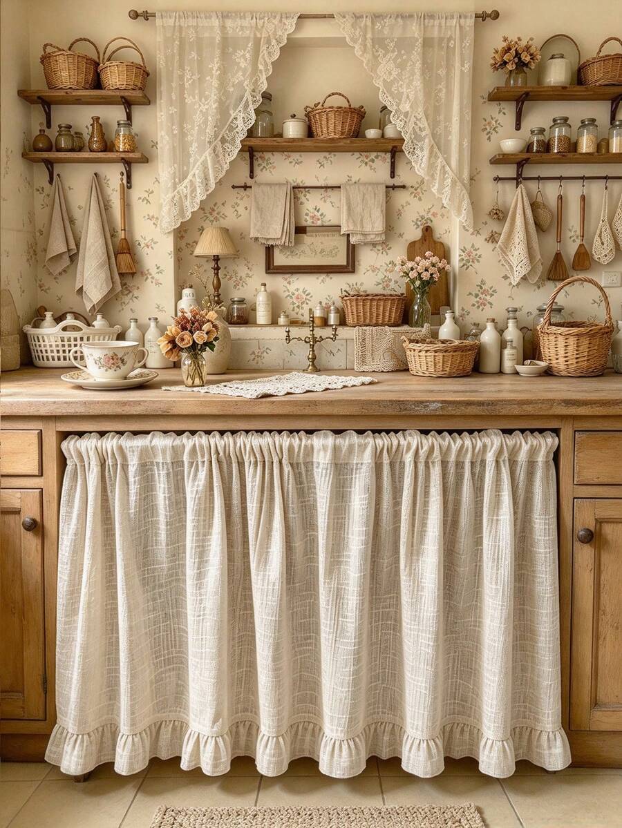 1pc French Country Semi-Sheer Ruffle Edge Cabinet Curtain Half Curtain, Suitable For Daily Home Kitchen Cabinet, Living Room, Bedroom, Holiday Party, Cafe, Restaurant Decor Atmosphere - Beige - View 1