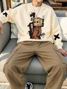 2pcs/Set Boys Crew Neck Sweatshirt Set, Printed With Boy Wearing Headband Design, Paired With Casual Cargo Pants, New Autumn/Winter Outfit - Apricot - View 1