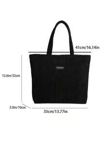 Black Corduroy Tote Bag For Women, Large Capacity Commuter Shoulder Bag, Minimalist Student Handbag For Class And Shopping - Black - View 3