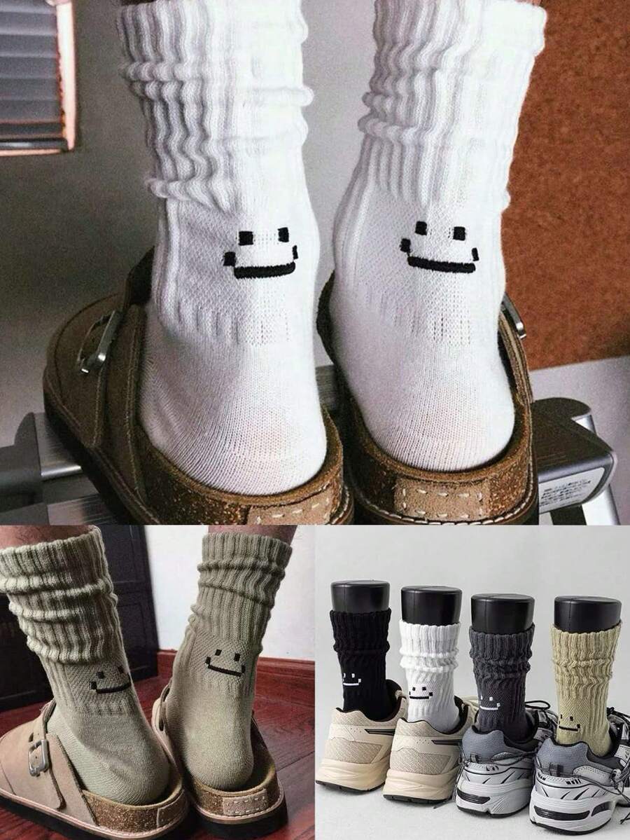 3/5 Pairs Men's Simple Cute Smiling Face Jacquard Mid-Calf Socks, Solid Color Vertical Stripe Casual Socks For Daily Commute And Slouchy Wear - Multicolor - View 1