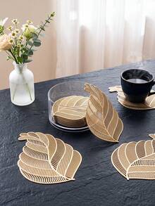 Tkvega • Home 12pcs Gold Hollow Leaf Coasters, PVC Material Leaf Coffee Cup Coasters, Washable, Easy To Clean, Wipeable, Non-Slip, Heat Resistant, Suitable For Room Decor, Home Table Decor, Home Decoration, Perfect For Holidays, Parties, Birthdays, Weddings And Dinner Parties - Multicolor - View 8