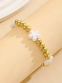 1pc/5pcs Set Girls Beaded Bracelets Gold Tone White Star Heart Flower Moon Cute Stackable Children Jewelry For Daily Wear Birthday Party Christmas - Gold - View 7