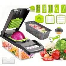 Cortador Multifuncional de Verduras Set 14 Piezas, Cuchillas Intercambiables de Acero Inoxidable, Picador, Rallador y Rebanador, con Recipiente Recolector y Protector de Manos, Utensilio Práctico para Cocina - Verde - Ver 2