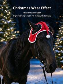 Equestrian Christmas Decoration Hat, Soft Fleece Fabric With Classic White Trim And Pom-Pom Design, Hollow Structure Non-Obstructive To Horse Movement, Secure Fit And Non-Slip, Ideal For Christmas Parties, Outdoor Riding, And Holiday Photoshoots - Multicolor - View 4