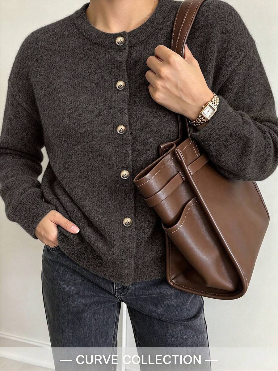 Áo cardigan len dệt kim nữ size lớn, tay dài, dáng vừa vặn, chất mềm, cho mùa thu/đông - Cà phê nâu - Xem 1
