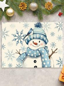 2Pcs Watercolor Snowman Placemats Blue Snowflake & Bird Print Winter Table Mats Farmhouse Winter Holiday Table Decor - Blue and White - View 3