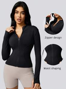 1pc Women's Solid Color Thumb Hole Long Sleeve Zip-Up Sports Jacket, Suitable For Yoga And Daily Wear, Autumn Black Spring - Black - View 2