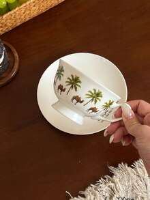 1pc Palm Tree Camel Ceramic Coffee Cup And Saucer, Suitable For Daily Home Use, Kitchen, Dining Room, Cafe, Office; Perfect For Espresso And Arabic Coffee. Saudi Style Coffee Cup, Ideal For Afternoon Tea, Cafe And Kitchen - Perfect Gift. - Multicolor - View 1