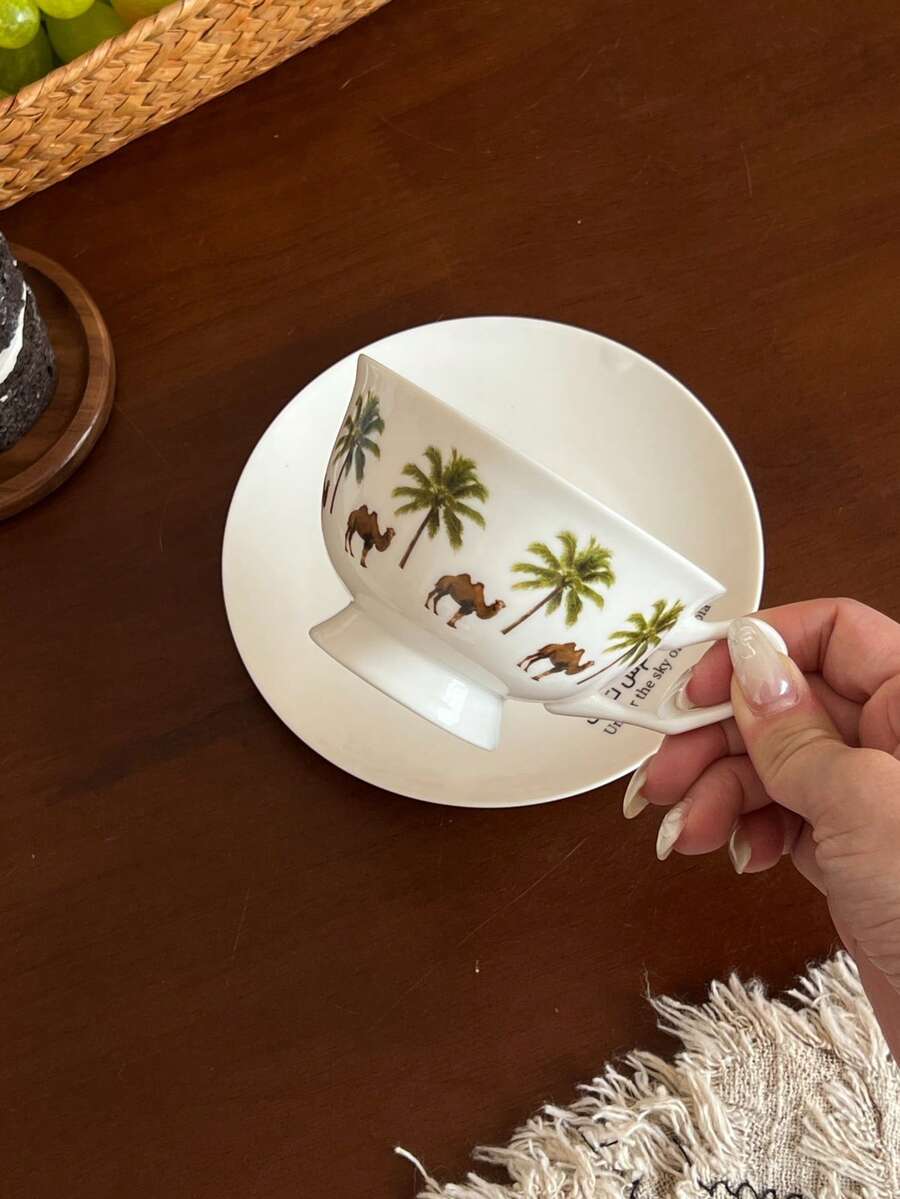 1pc Palm Tree Camel Ceramic Coffee Cup And Saucer, Suitable For Daily Home Use, Kitchen, Dining Room, Cafe, Office; Perfect For Espresso And Arabic Coffee. Saudi Style Coffee Cup, Ideal For Afternoon Tea, Cafe And Kitchen - Perfect Gift. - Multicolor - View 1