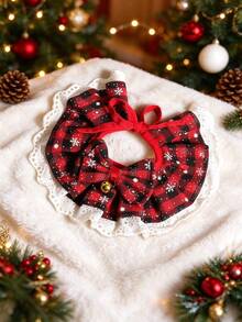 Christmas Pet Drool Scarf, Checkered Snowflake Dog And Cat Neck Scarf With Bell Bow, Adjustable Lace Pet Saliva Strap, Suitable For Holiday Party Costumes - Multicolor - View 9