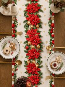 1pc Christmas Style Red Floral Print Table Runner, Kitchen Decor, Table Runners, Christmas Home Decor, Christmas Decorations For Home, Microwave Dust Cover, Kitchen Decor Tablecloth, Home Decor Table Runner, Party, Holiday Decor Tablecloth, Fireplace Runner, Room Decor Bed Runner - Multicolor - View 12