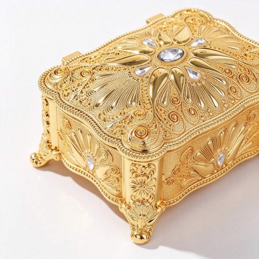 1 pieza Caja de joyas de estilo europeo vintage con strass dorado, caja de almacenamiento de joyas tallada barroca, adecuada para anillos, pendientes, collares, caja de regalo de decoración de escritorio - Dorado - Ver 1