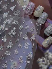 1Sheet Silver Holographic Christmas Nail Stickers, Star Christmas Tree Bow & Merry Christmas Text Self Adhesive Nail Art Decals - Silver - View 1