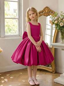 Young Girls Faux Pearl Satin Bow Elegant Princess Flower Girl Dress Suitable For Party, Graduation Ball, Evening Gala, Formal Occasions, Birthday Party, Holiday Celebration, Flower Girl Wedding Dress - Hot Pink - View 1