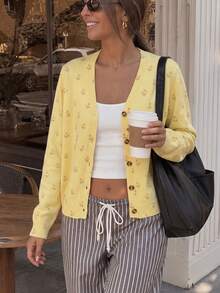 BYGOUBY Autumn/Winter Floral V-Neck Front Button Long Sleeve Knit Cardigan, Fashion Casual Soft Sweater Jacket - Yellow - View 1