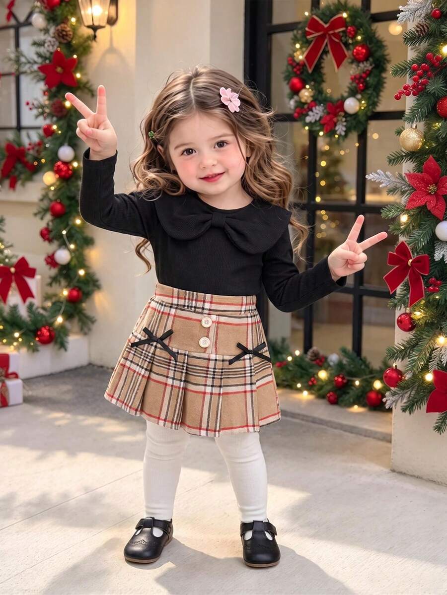 2pcs Baby Girl Cute Peter Pan Collar Ribbed Long Sleeve Top & Plaid Brushed Skirt Set, Thin Spring/Autumn - Black - View 1