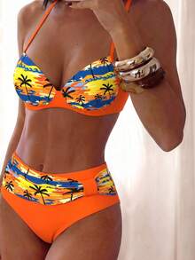 WaveBikini Orange Sunset Palm Tree Print Colorblock High Waist Bikini Set, Beach Vacation Tropical Bold Style - Multicolor - View 2