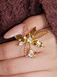 1pc Women's Gold-Tone Copper Ring With CZ Lily Flower Design, Elegant Ring Suitable For Party And Gathering - Multicolor - View 1