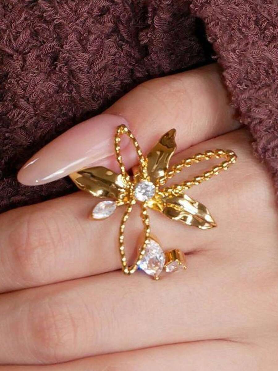 1pc Women's Gold-Tone Copper Ring With CZ Lily Flower Design, Elegant Ring Suitable For Party And Gathering - Multicolor - View 1