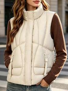 Women's Winter Casual Solid Color Zipper Front Stand Collar Short Padded Vest - White - View 7
