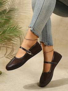 Women's Comfortable Two-Tone Patchwork Buckle Round Toe Flat Mary Jane Shoes, Vintage Daily Style, Suitable For Spring And Autumn, Brown Faux Suede PU Leather Flat Shoes - Rust Brown - View 2