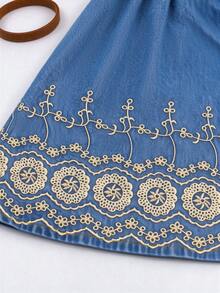 Women's Vintage Denim Dress, Collared Long Sleeve With Button Details, Embroidered Hem - Medium Wash - View 6