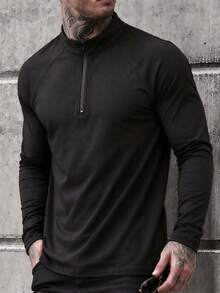 Men's Spring/Autumn Fashion Versatile Raglan Sleeve Zip-Up Turn-Down Collar Long Sleeve T-Shirt - Black - View 2
