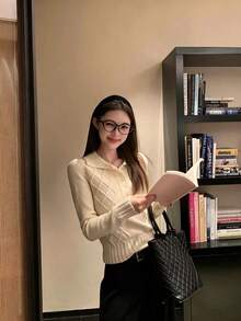 Autumn/Winter New Elegant Versatile Cable Knit Polo Collar Sweater, Vintage Slim Fit Cropped Knit Top - Apricot - View 4