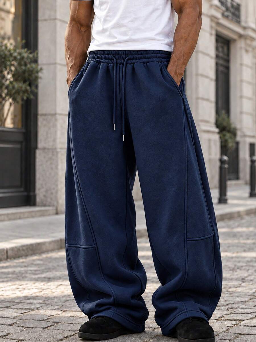 Men's Streetwear Loose Fit Sweatpants, Suitable For Casual Daily Wear, Elastic Waist With Drawstring Closure - Navy Blue - View 1