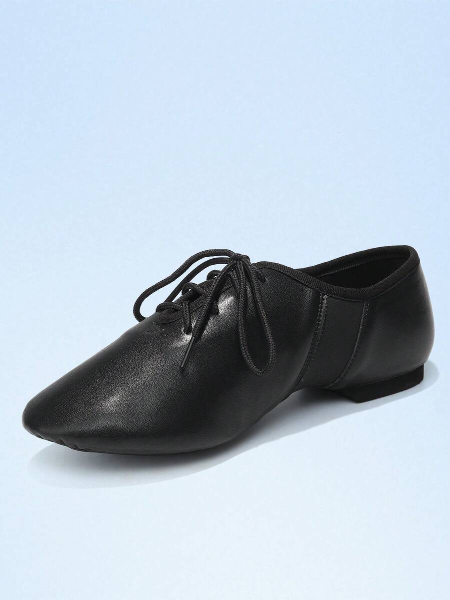 Black Leather Lace-Up Split Sole Jazz Shoes - Black - View 1
