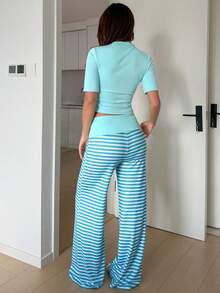 Women's Sports Running Fitness Fashion Elegant Top And Pants 2 Pieces Set - Water Blue - View 2