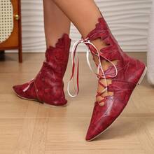 Women's Red Pointed Toe Lace-Up Vintage Court Style Hollow Lace Ankle Strap Low Heel Pumps Solid Color Business Rope Design Women's Shoes Holiday All Season - Red - View 5