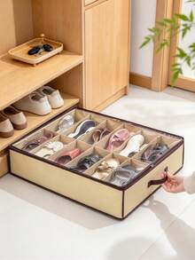 1pc Underbed Storage Box, Waterproof Dustproof Moisture-Proof Multifunctional Rectangular Shoe Bag With Transparent Window, Suitable For Underbed Storage, Living Room And Bedroom, Travel Essential, Room Decor - Beige - View 1