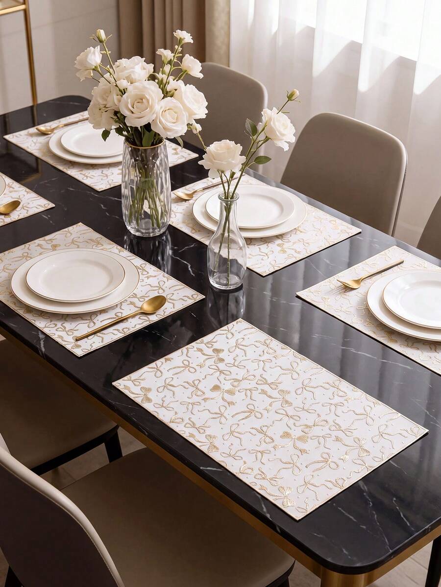1-12pcs Gold Bow Full Print Rectangular PVC Placemats, Luxury Girly Style Embossed Foil Bow Table Mats, Suitable For Birthday Party Holiday Home Dining Table - Multicolor - View 1