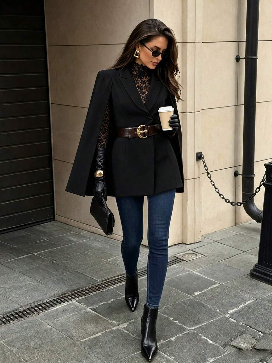 Women's Fashion Elegant Commuter Cape Blazer - Black - View 1