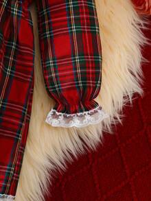 Young Girl Spring/Autumn College Style Bow Lace Trim Peter Pan Collar Long Sleeve Christmas Princess Dress - Red - View 4