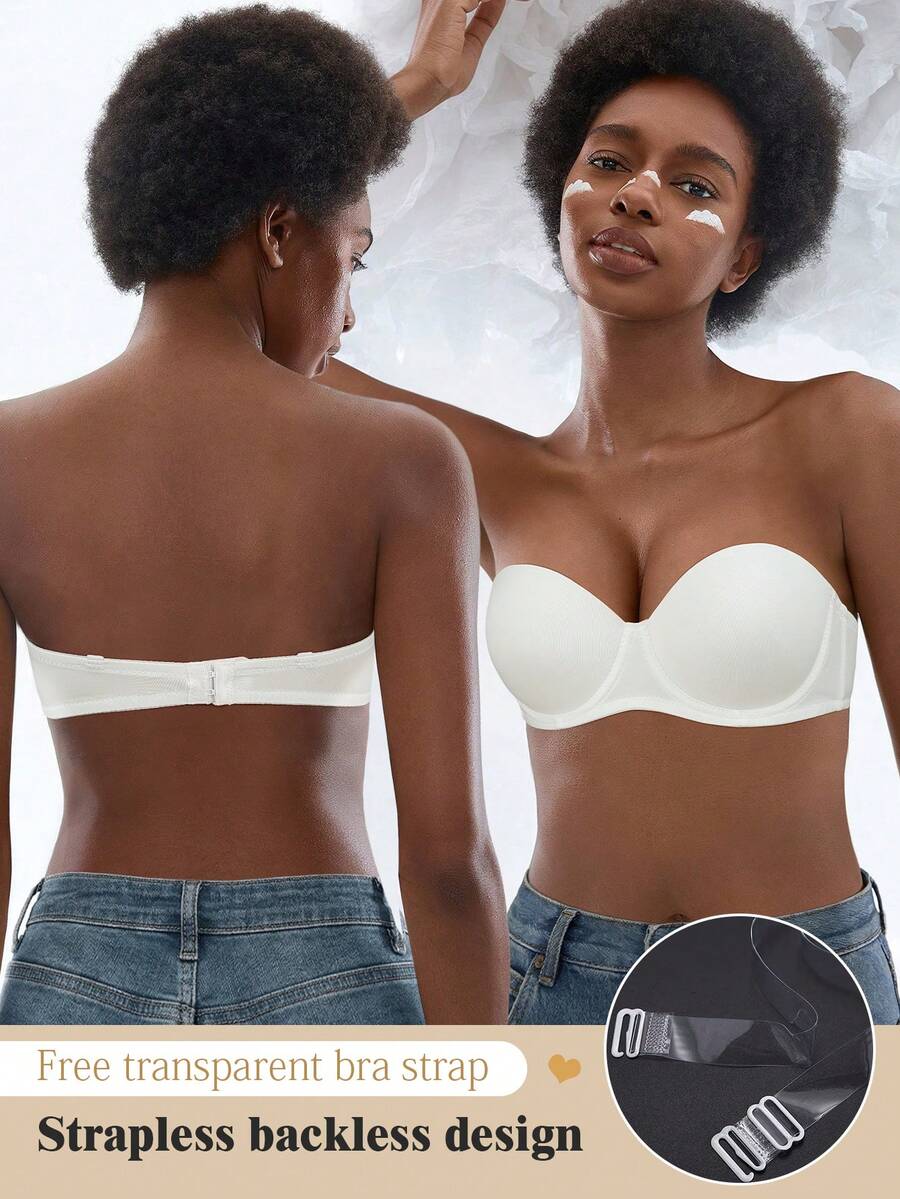 Women's White Strapless Push-Up Bra, Breathable & Comfortable, Open Back Design, Includes Clear Shoulder Straps, Suitable For Vacation - White - View 1