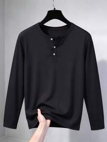 Herr T-shirt med lång ärm i svart för alla säsonger, halv cardigan med knappslå - Svart - Visa 2