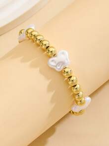 1pc/5pcs Set Girls Beaded Bracelets Gold Tone White Star Heart Flower Moon Cute Stackable Children Jewelry For Daily Wear Birthday Party Christmas - Gold - View 3
