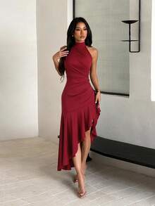 Summer, Elegant Dress, Ruffle Party Dress, Wedding Guest Dress, Suitable For Beach, Christmas, New Year, Festival, Prom - Burgundy - View 2