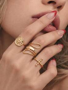 3pcs Gold Vintage Symbol Rings Set, Round Bead Cross, Square Sun, Spiral Curve, Open Adjustable, Stackable Versatile, Luxury Women's Style - Gold - View 2