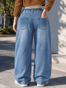 Plus Size Women's Straight Leg High Waist Loose Drawstring Jeans, Suitable For Casual Wear In Autumn/Winter, Perfect For Dates, Vacations And Parties - Blue - View 3